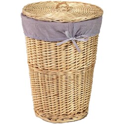Natural Round Rattan Hamper with Lilac Gingham Liner