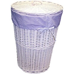 White Round Rattan Hamper with Lilac Gingham Liner