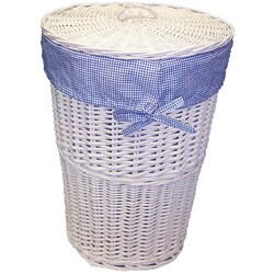 White Round Rattan Hamper with Navy Gingham Liner