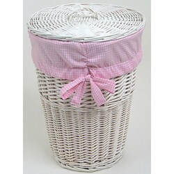 White Round Rattan Hamper with Pink Gingham Liner