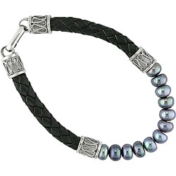 Sterling Silver Black Pearl and Leather Bracelet (7-7.5 mm)