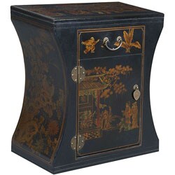 Black Leather Hand-painted Oriental End Table