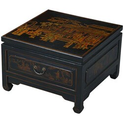 Black Leather Hand-painted Oriental Accent Table