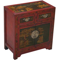 Red Leather Hand-painted Oriental Cabinet