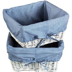 White Wicker Basket Set with Navy Gingham Liners