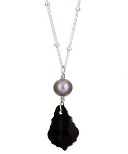 Sterling Silver Black Baroque Crystal and Pearl Necklace (7-7.5 mm)