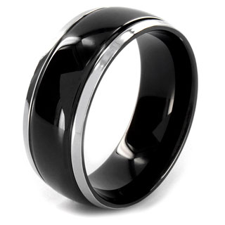 Black Stainless Steel Ring with Grooved Lines