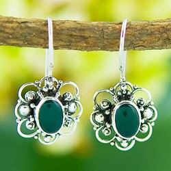 Green Agate Silver Floral Earrings (Indonesia)