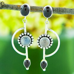 Garnet Moonstone Long Silver Earrings (Indonesia)