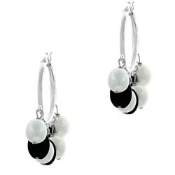 Sterling Silver FW Pearl and Onyx Hoop Earrings