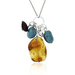 Sterling Silver Amber and Turquoise Cluster Necklace