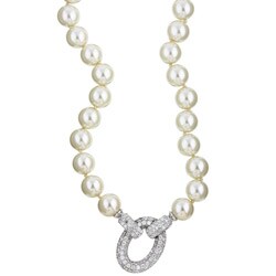 Sterling Silver CZ 32-inch Faux Pearl Necklace (10 mm)