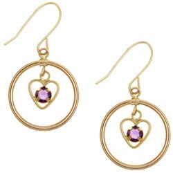 10k Yellow Gold Circle Hoop Amethyst Heart Earrings