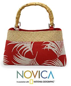 Cotton and Rattan 'Crimson Ferns' Handbag (Thailand)