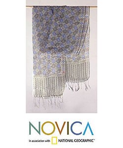 'Blue Floral Stars' Silk Batik Shawl (Indonesia)