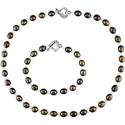FW Brown and White Pearl Necklace Bracelet Set (8-9 mm)