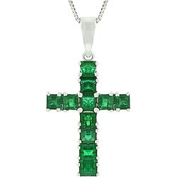 14k White Gold Emerald Cross Necklace