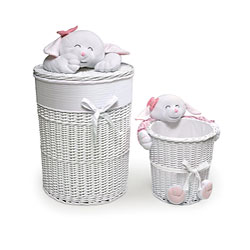 White Hamper and Wastebasket Set with Plush Animal