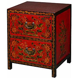 Tibetan Red/ Black Hand-painted Floral End Table