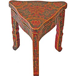 Hand-painted Red Tibetan Floral Motif End Table