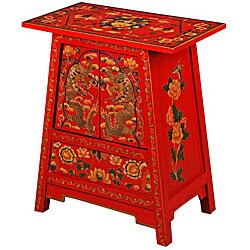 Red Tibetan Hand-painted Gold Dragons End Table