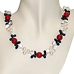 Freshwater Pearl Onyx and Cherry Jade Necklace (6-8 mm)