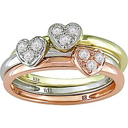 10k Tri-color Gold 1/3ct TDW Stacking Heart Ring Set (I-J, I2-I3)