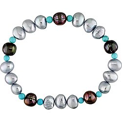 Freshwater Pearl and Turquoise Bead Elastic Bracelet