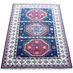 Indo Kazak Navy/ Ivory Wool Rug (7' x 10')