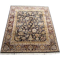 Handcrafted Indo Mahal Black/ Burgundy Rug (8' x 10')