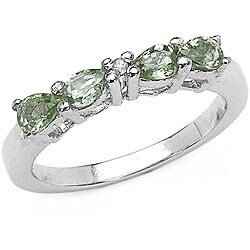 Silver Genuine Green Sapphire and Diamond Ring
