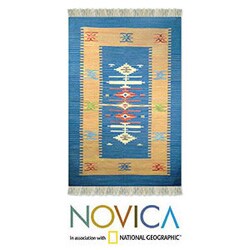Indo 'Summer Blue' Wool and Cotton Rug (4' x 6')