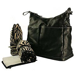 OiOi Black Leather Pocketed Hobo Diaper Bag