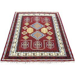 Indo Kazak Burgundy Ivory Woolblend Rug 5apos9 x 8