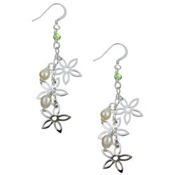 Sterling Silver Peridot and Pearl Floral Drop Earrings (5-6 mm)