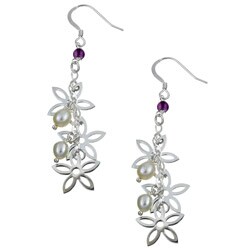 Sterling Silver Amethyst and Pearl Floral Drop Earrings (5-6 mm)