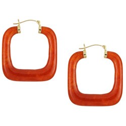 14k Yellow Gold Red Jade Square Hoop Earrings
