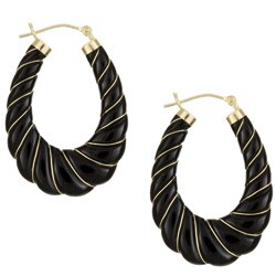 14k Yellow Gold Carved Onyx Gold Wire Hoop Earrings