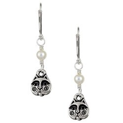 Charming Life Silverplated Whimsical Cat and Pearl Earrings (4 mm)