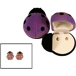 14k Gold Purple Ladybug Child's Earrings with Ladybug Box