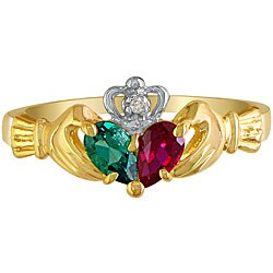 10k Yellow Gold Created Emerald and Ruby Claddagh Ring