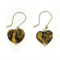 Murano Glass Gold and Green Swirl Heart Earrings