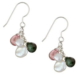 Sterling Silver Keishi Pearl and Tourmaline Earrings (7 mm)