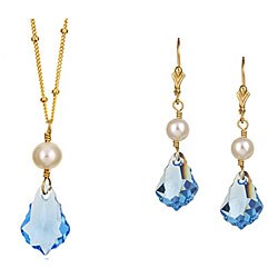 Charming Life 14k Goldfill Blue Crystal/ Pearl Jewelry Set (7 mm)