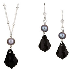 Charming Life Silver Black Crystal/ Pearl Jewelry Set (7 mm)