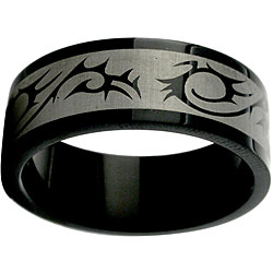 Black Stainless Steel Etched Tribal Ring