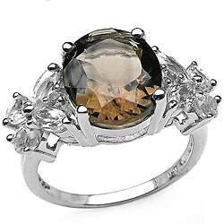 Sterling Silver Genuine Smokey Quartz and White Topaz Ring