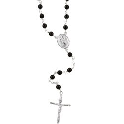 Sterling Silver Black Bead 26-inch Rosary Necklace