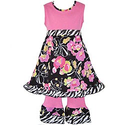 AnnLoren Girls Floral and Zebra Print Dress and Capri Outfit
