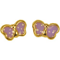 14k Yellow Gold Purple Enamel Butterfly Earrings